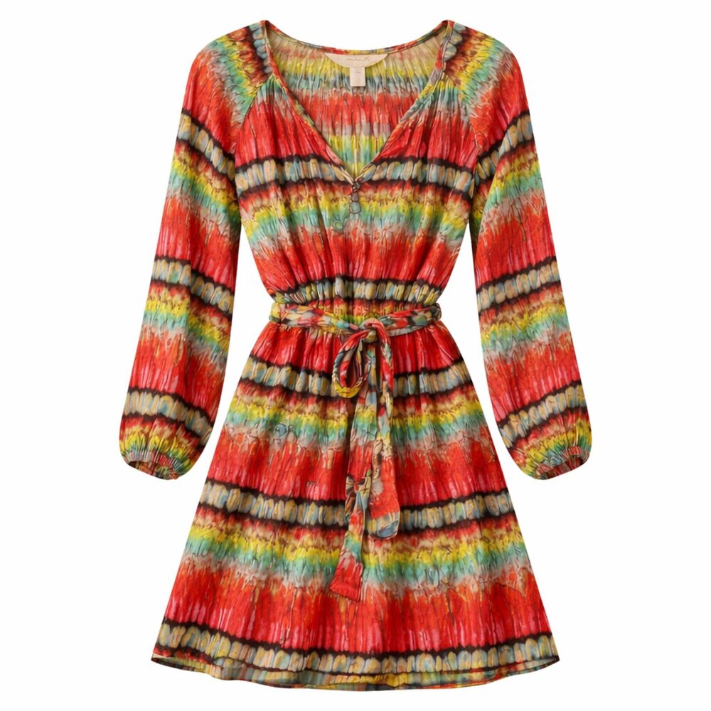 Presley Skye Silk Faux Wrap Dress XL Belted Vibrant Rainbow Boho Ikat Print